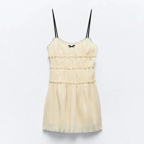 ZARA LITTLE BOW ECRU TEXTURED DRESS - Picture 1 of 11